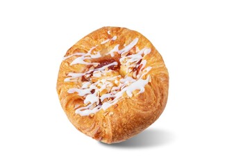 Puffed cake with raspberry jam, vanilla custard cream and almonds on a white isolated background