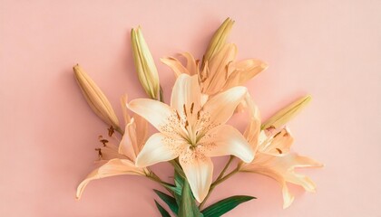 spring lily flowers on pink pastel background top view in flat lay style