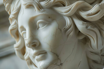  A close-up shot of a marble statue, capturing the exquisite craftsmanship and timeless beauty of its sculpted form. 
