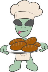 cartoon alien chef is holding a tray of food
