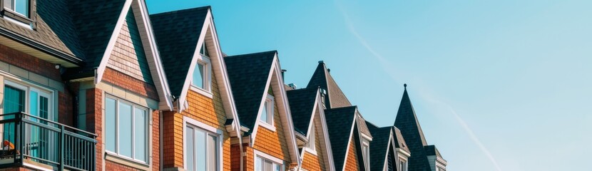 A row of townhouses with varying colors and shapes, each featuring gable roofs above the upper floor windows Generative AI - obrazy, fototapety, plakaty