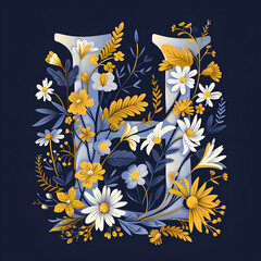Spring and summer letter H with blue and yellow flowers on dark background. Flower font illustration