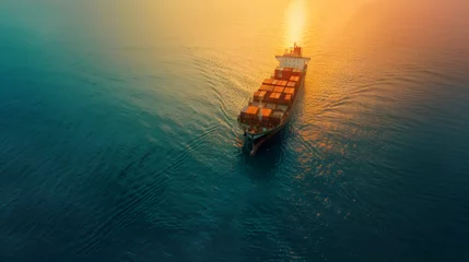 Fotobehang Aerial view from drone, Container ship or cargo shipping business logistic import and export, cargo container ship, Container Ship, Container Cargo Ship, ship in open sea, Generative Ai © HayyanGFX