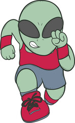 A cartoon alien running with his arms raised