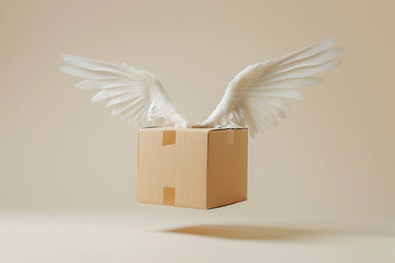Flying cardboard box with wings, concept of parcel delivery service. Box with wings is flying for shipment.