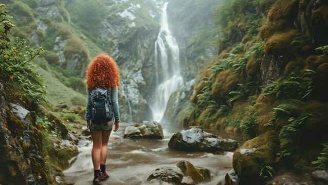 A beautiful young woman in hiking clothes with a backpack on her back walking along a hiking trail near a waterfall Standing and looking at the waterfall in the forest	

