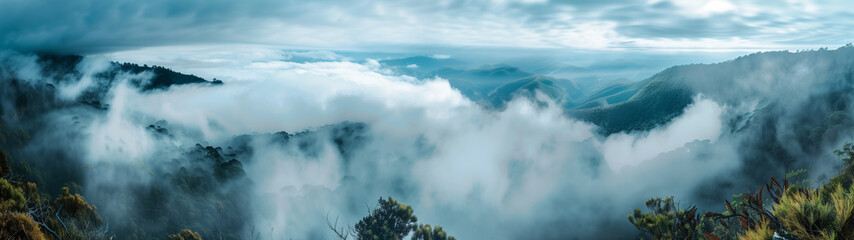 Elevated Elegance: Cloudy Landscape from Mountain Peaks - obrazy, fototapety, plakaty