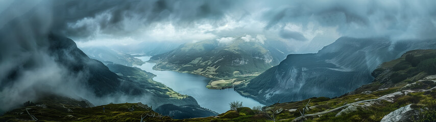 Elevated Elegance: Cloudy Landscape from Mountain Peaks - obrazy, fototapety, plakaty