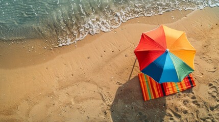 Aerial view of a vibrant beach umbrella and striped towel on the sandy shore, waves gently lapping at the edge. - obrazy, fototapety, plakaty