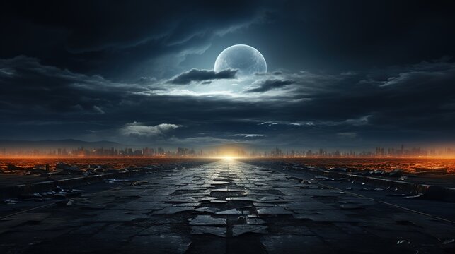 Conceptual image of broken asphalt road in the city at night, Cinematic Cityscape with Moon and Glowing Cracks