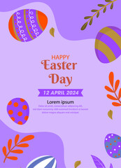 Happy easter day template with egss, flower vector element purple color vector illustration