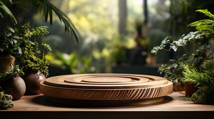 Wooden table and green plants on blurred background