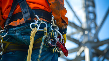 Detailed image of professional industrial climber's equipment with focus on the harness, carabiners, and straps against a blurred background