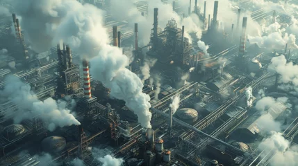Deurstickers An industrial complex shrouded in steam, with towering smokestacks and intricate piping, seen from an aerial vantage point. © Sodapeaw