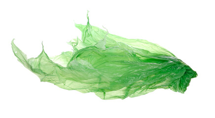 Green crumpled nylon bag flying isolated on white, clipping path - obrazy, fototapety, plakaty