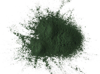 Organic spirulina powder, raw isolated on white, top view	