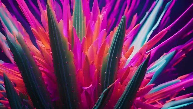 A vibrant and surreal display of cactus plants illuminated with neon colors creating a fantastical atmosphere. Animation