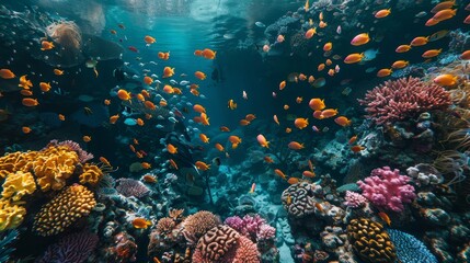 Fototapeta na wymiar Scuba diver exploring an underwater paradise filled with a school of tropical fish and a rich tapestry of colorful coral formations.