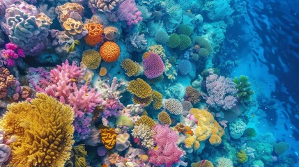 An explosion of color and life in an underwater shot showcasing a diverse and vibrant coral reef teeming with marine life.