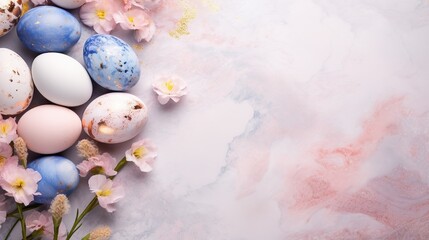 Modern natural dyed blue and marble easter eggs. Happy Easter. Greeting card template.
