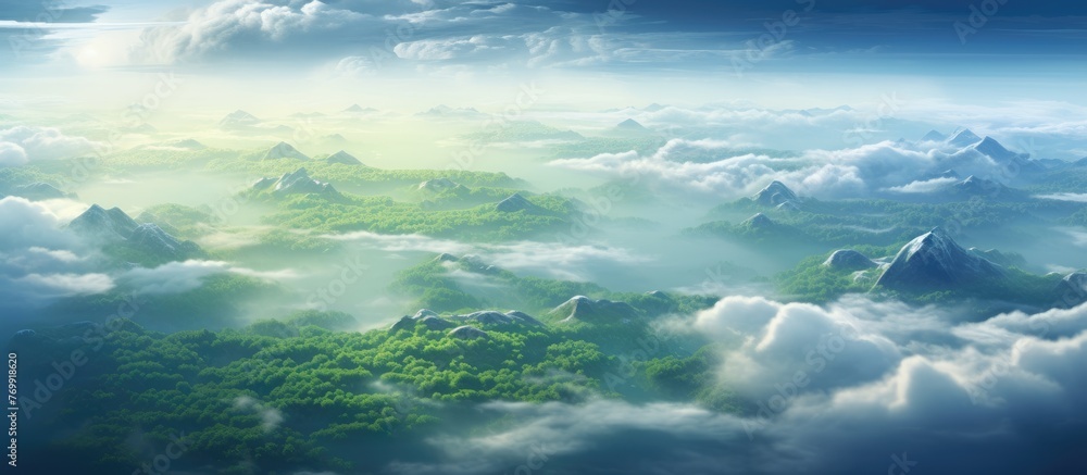 Poster a stunning natural landscape with a mountain range enveloped in clouds, creating a dreamy atmosphere