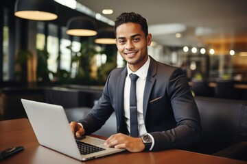 A successful businessman in a contemporary office setting, working on his laptop and wearing a sleek suit, portraying his focus and determination.