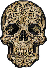 Detailed embroidered skull patch with vintage design cut out on transparent background