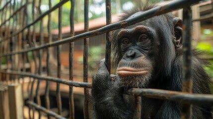A poignant moment as a captive chimpanzee gazes through the enclosure bars, evoking a sense of contemplation and awareness.
