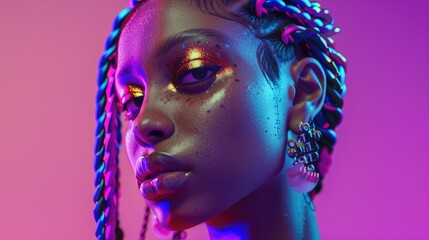 fFuturistic Neon Glow Beauty Portrait,  striking portrait of a woman with radiant neon makeup and braids against a vibrant pink background, embodying modern artistic expression