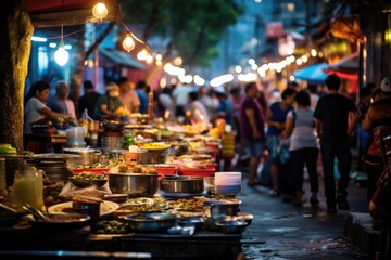 A lively street market in a bustling city, with marketgoers blurred in the foreground, sampling street food and shopping for exotic goods, during the evening.