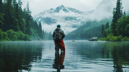 A lone fisherman stands in the calm waters of a mountain lake, surrounded by forest and fog-shrouded peaks, in a tranquil rain. - obrazy, fototapety, plakaty