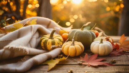 thanksgiving season still life with colorful small pumpkins acorn squash soft blanket and fall leaves over rustic wooden background