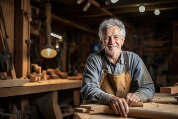 A senior carpenter in a rustic woodshop, posing with a carpentry tool and a beautifully finished wooden piece, radiating competence and precision in the craft of woodworking.