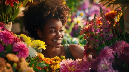 Radiance Amongst Blossoms,  joyful florist, surrounded by a vibrant array of flowers, shares an infectious smile, celebrating the natural splendor of blooms