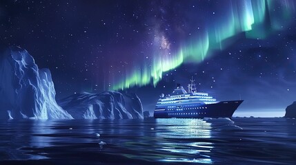 Icebreaker in the North Sea, among ice floes. Northern Lights-aurora borealis. Ship ensures safe passage by breaking ice and escorting ships.