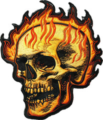 Flaming skull embroidered patch with dynamic fire detail cut out on transparent background