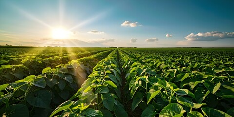 Sunny day on a large soybean farm with a central pivot irrigation system in action. Concept Agricultural Landscapes, Farming Technology, Rural Life, Sustainable Agriculture, Irrigation Systems