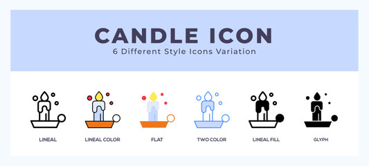 Candle icon set. outline. glyph black. flat color and filled line color