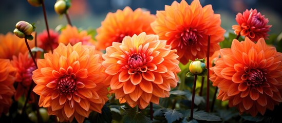 A group of orange dahlias, herbaceous flowering plants in the daisy family, is blooming in the garden, showcasing their vibrant petals in a closeup view - obrazy, fototapety, plakaty