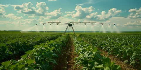 A Bright Day on a Spacious Soybean Farm with Central Pivot Irrigation in Operation. Concept Agriculture, Farming Technology, Irrigation Systems, Soybean Cultivation, Rural Landscapes