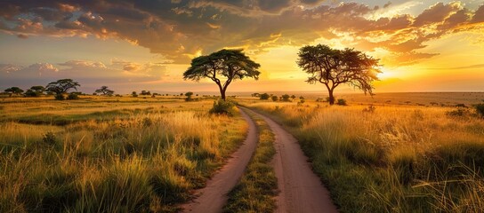 Sunset in savannah of Africa with acacia trees, Safari in Serengeti of Tanzania. AI generated illustration - obrazy, fototapety, plakaty