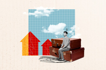 3d photo artwork graphics collage painting of nervous guy sitting vintage suitcases isolated...