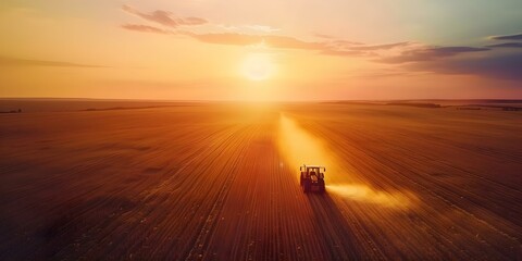 Aerial view of a tractor spraying pesticides on a soybean field at sunset. Concept Agricultural Machinery, Sunset Photography, Tractor Spraying, Aerial View, Soybean Field