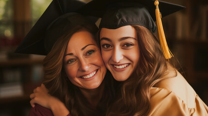 Happy mother hugging her daughter in a graduation cap near an educational institution.