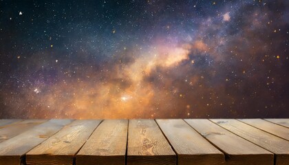 Naklejka na ściany i meble an empty wooden table on the background of a starry space with a nebula