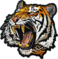Embroidered tiger face patch with intricate detailing cut out on transparent background