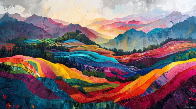 Vibrant and textured abstract landscape painting, featuring rolling hills and mountains in a spectrum of bold, contrasting colors, under a crackled sky.