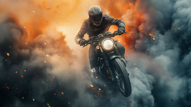 Action shot with man riding away from explosion on bike. Dynamic scene with fire in action movie blockbuster style.