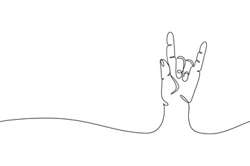Rock on hand gesture one line drawing. Palm with fingers in rock sign, continuous line hand sign of rocker for print. Vector simple sketch