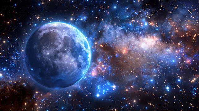A blue moon is surrounded by a galaxy of stars. Concept of wonder and awe at the vastness of the universe